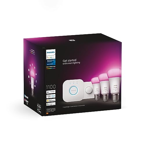 Philips Hue White & Color Ambiance Starter Set mit E27 Lampen 3-er Pack (1100), Smart Button + Hue Bridge, TESTSIEGER Stiftung Warentest (01/2024), 16 Mio. Farben per Sprache und App steuerbar