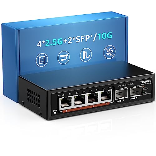 6 Port 2.5G Umanaged Ethernet Switch, 4 x 2.5G Base-T Ports, 2 x 10G SFP, 100/1000/2500M Kompatibel, Metall Lüfterlos, Desktop/Wandmontage YuanLey 2.5Gbe Netzwerk Switch für Wireless AP, NAS, PC