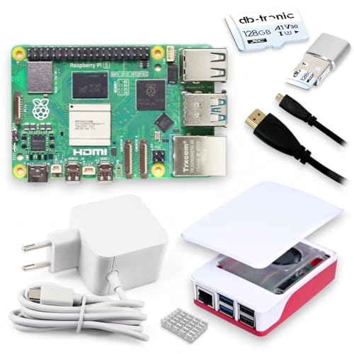 Raspberry Pi 5 8GB Starter-Kit | 128GB microSD | Offizielles 27W Netzteil | Offizielles Gehäuse mit Lüfter | 4K Micro HDMI Kabel 1m | Alu-Kühlkörper