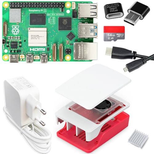 Raspberry Pi 5 4GB Starter-Kit | USB-C 45W Netzteil | Gehäuse mit Lüfter | 64GB SD Karte | 4K Micro HDMI Kabel | Rot - Weiß