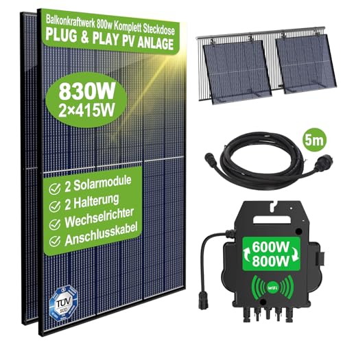 E-POLAR Balkonkraftwerk 800W Komplett Socket - Balkonkraftwerk 830Wp Solaranlage Komplettset (2X 415W) - Wechselrichter AP Systems EZ1-M 800W mit WLAN, 2*Balkonkraftwerk Halterung