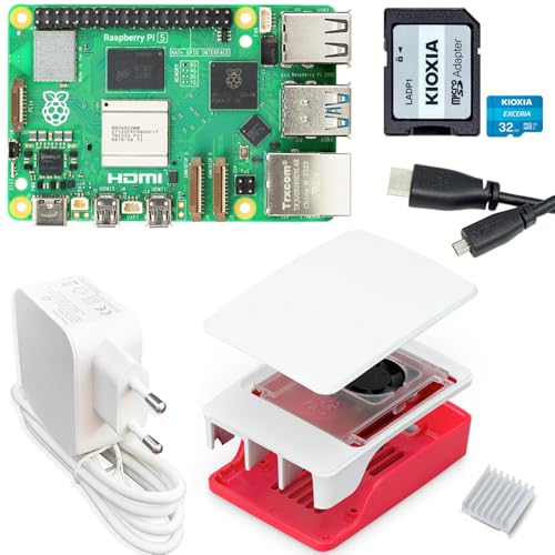 Raspberry Pi 5 4GB Starter-Kit/USB-C 45W Netzteil/Gehäuse mit Lüfter / 32GB SD Karte/Micro HDMI Kabel/Rot - Weiß