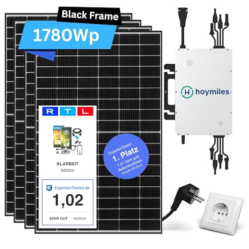 Balkonkraftwerk 1600W komplett Steckdose - KLARBEIT 1780Wp Hoymiles Balkonkraftwerk komplett 800 Watt upgradebarer Wechselrichter 600W - Solaranlage Komplettset mit 4x Black Frame Modulen + Kabel