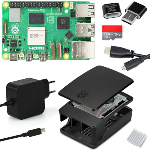 Raspberry Pi 5 8GB Starter-Kit schwarz | USB-C 45W Netzteil | Gehäuse mit Lüfter | 64GB SD Karte | 4K Micro HDMI Kabel | Raspberry Pi 5 8GB RAM