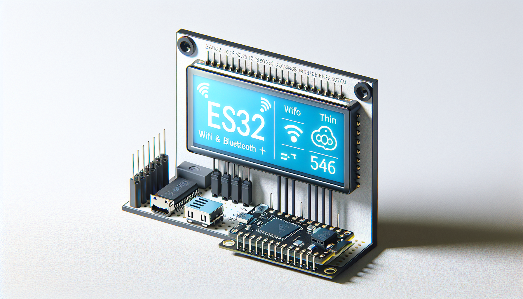 Elektronische Platine mit Display "ES32 WiFi & Bluetooth", USB-Ports, Pins und Chips.